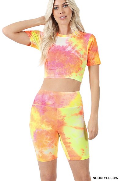 Tie Dye Cropped Biker Short Set, Neon Yellow - FashionFunPop