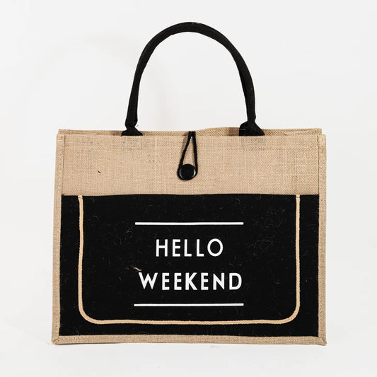 Hello Weekend Burlap Tote