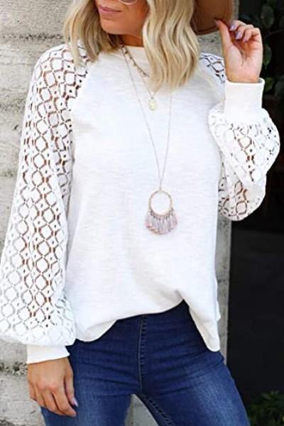 Lace sleeved Waffle Top, Black - FashionFunPop
