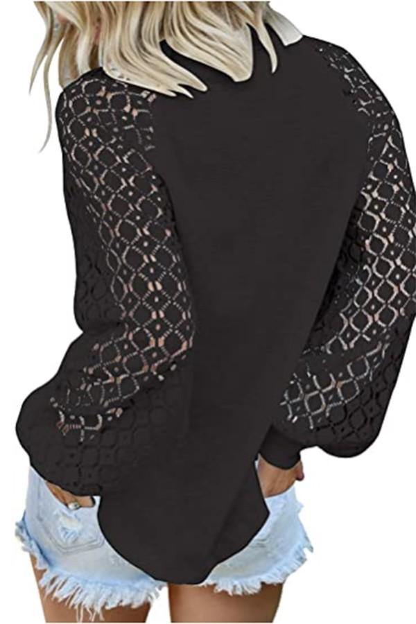 Lace sleeved Waffle Top, Black - FashionFunPop