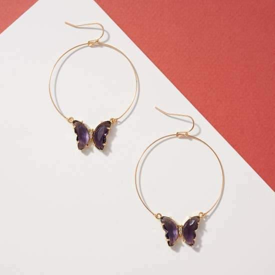 Butterfly Jeweled Hoops, Purple - FashionFunPop