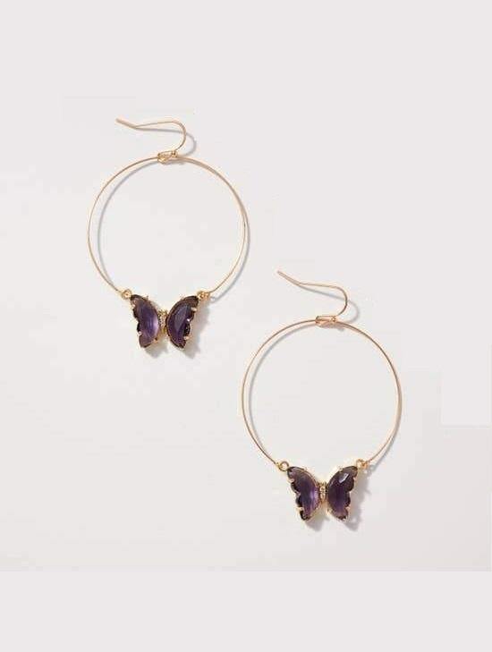 Butterfly Jeweled Hoops, Purple - FashionFunPop