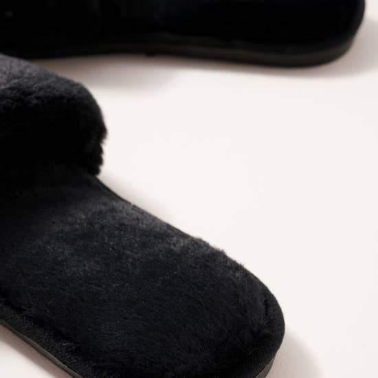 Black Furry Slippers Slides - FashionFunPop