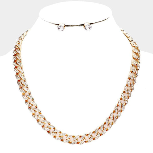 Rhinestone Embellished Chunky Chain Necklace - FashionFunPop