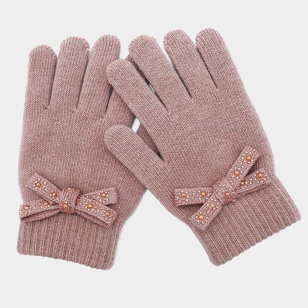 Embellished Bow Gloves, Dusty Pink - FashionFunPop