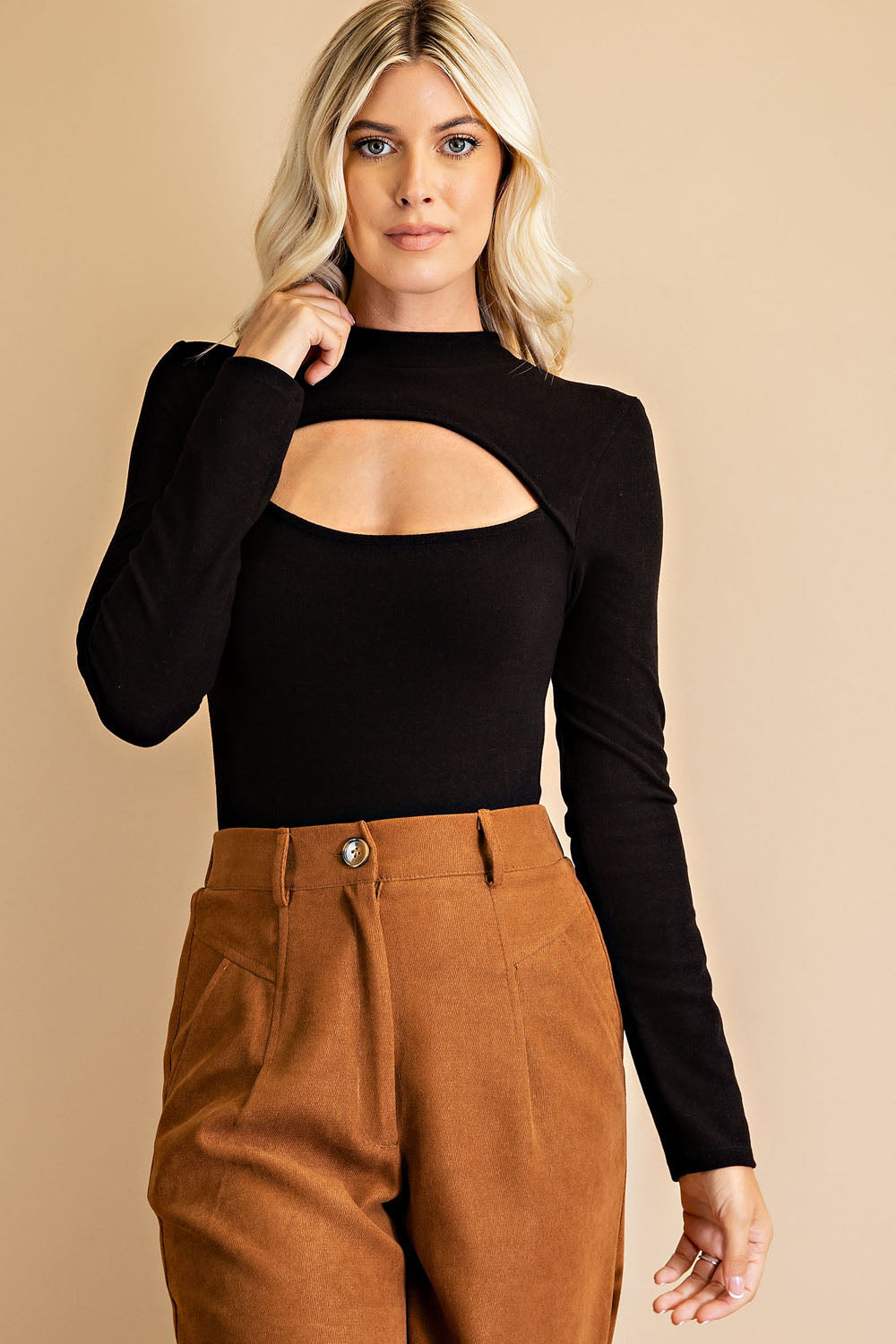 Cut-Out Peek-A-Boo Bodysuit, Long Sleeve