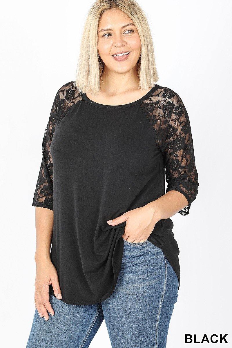 Plus Lace Sleeve Top - FashionFunPop