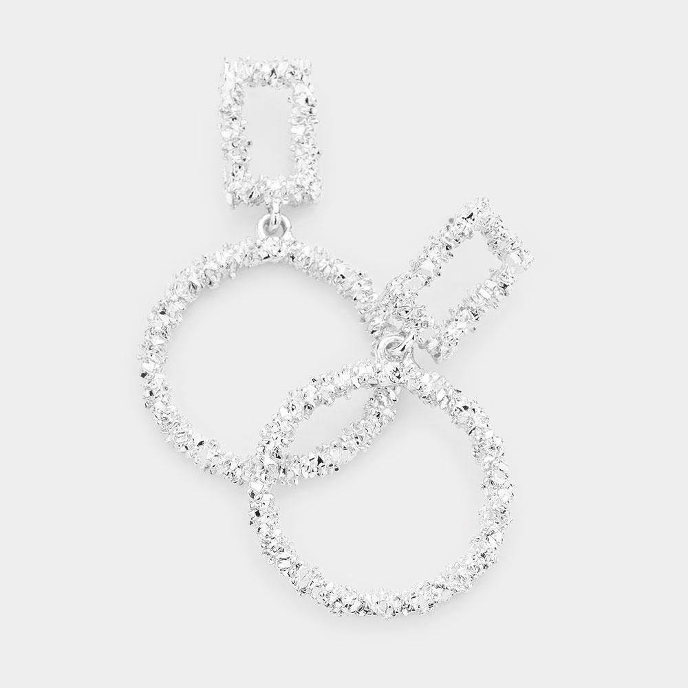 Textured Circle Dangle Hoops, Silver - FashionFunPop