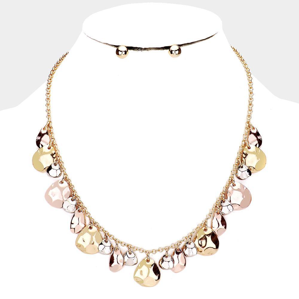 Hammered Three Tone Metal Necklace - FashionFunPop