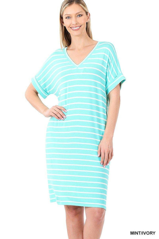 Mint Stripe T-Shirt Dress - FashionFunPop