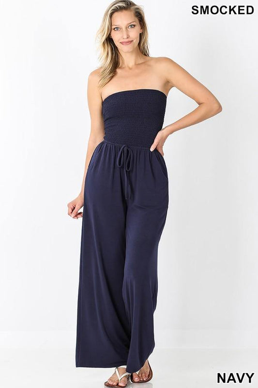 Smocked Jumpsuit, Navy - FashionFunPop