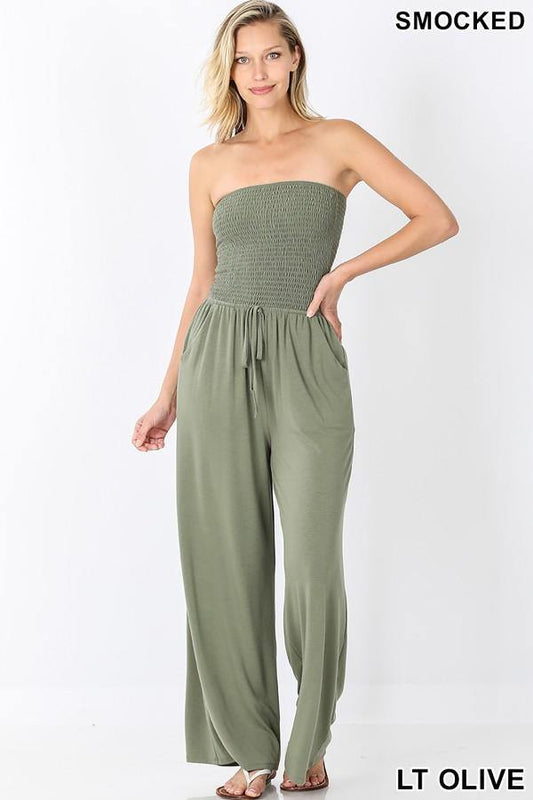 Smocked Jumpsuit, Light Olive - FashionFunPop