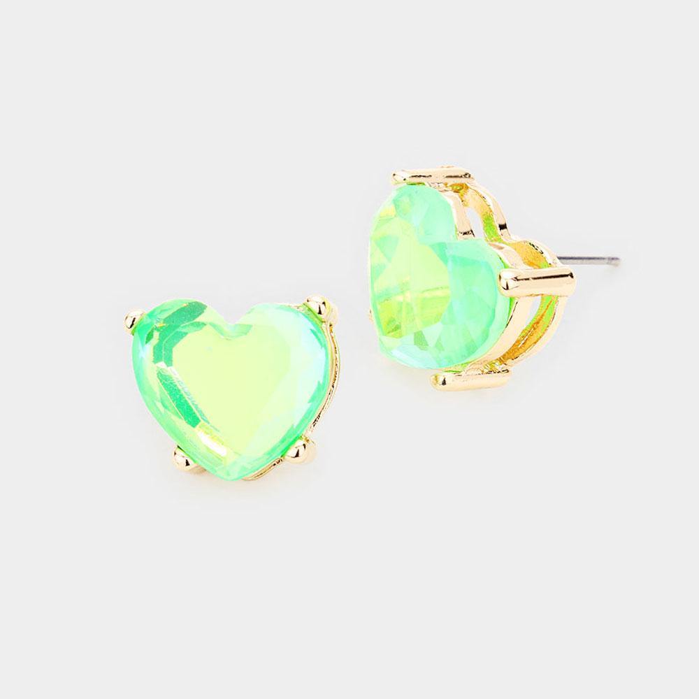 Heart Stone Stud Earrings, Neon Green - FashionFunPop