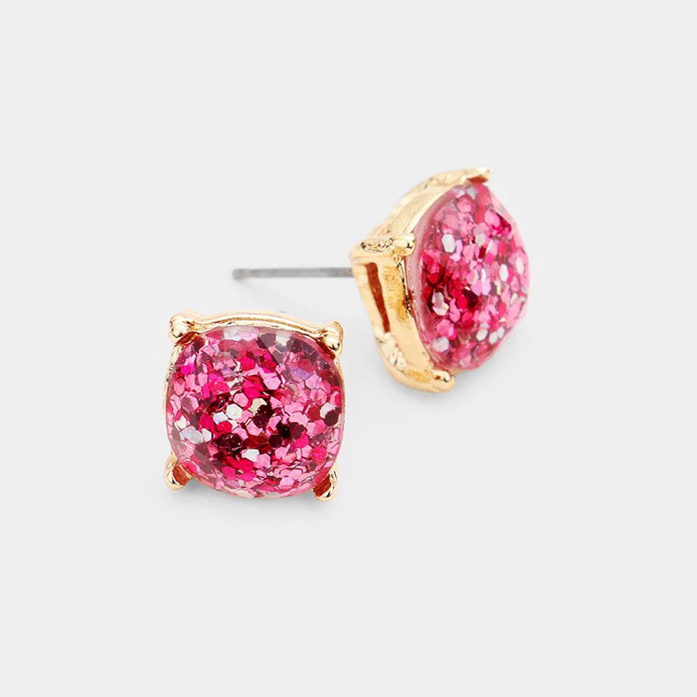 Glitter Square Stud Earrings, Fuchsia - FashionFunPop