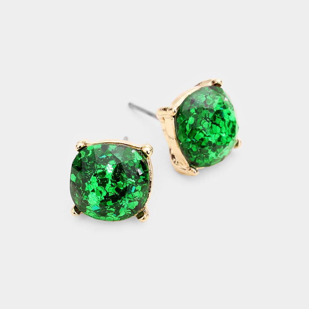 Glitter Square Stud Earrings, Green - FashionFunPop