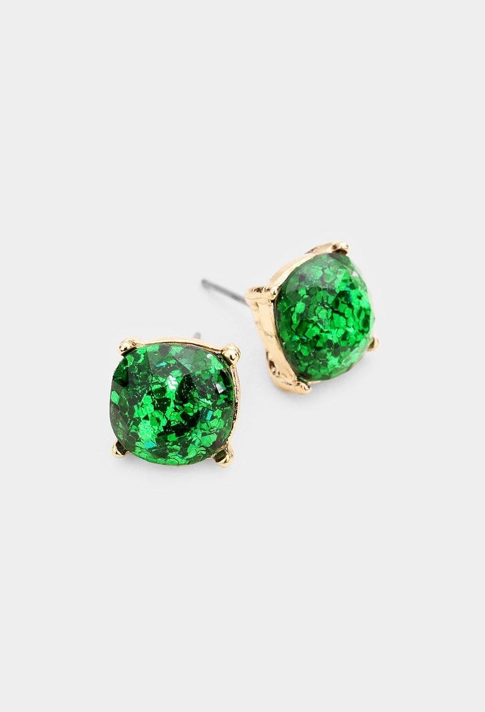 Glitter Square Stud Earrings, Green - FashionFunPop