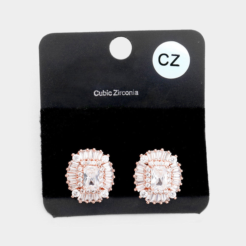 Emerald Cut CZ Studs, Rose Gold