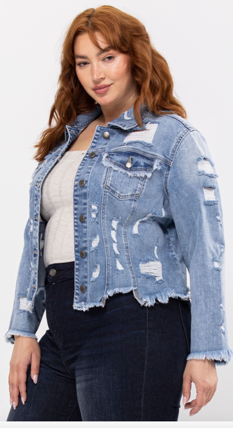 Plus Distressed Denim Jacket