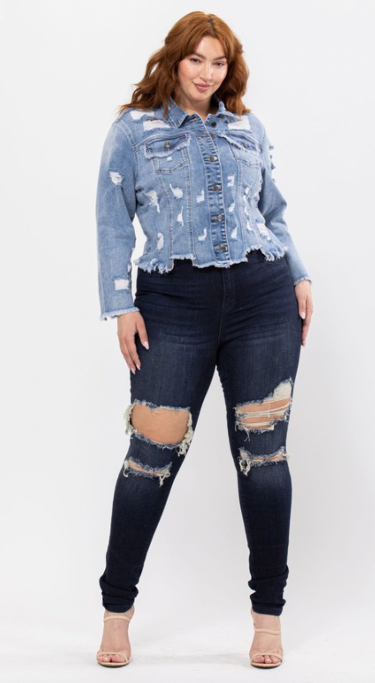 Plus Distressed Denim Jacket