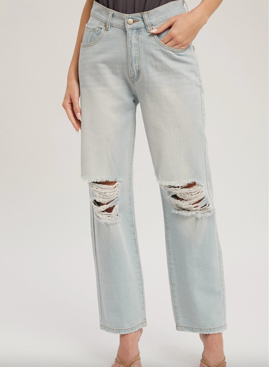 Relaxed Distressed Straight Jeans, Light