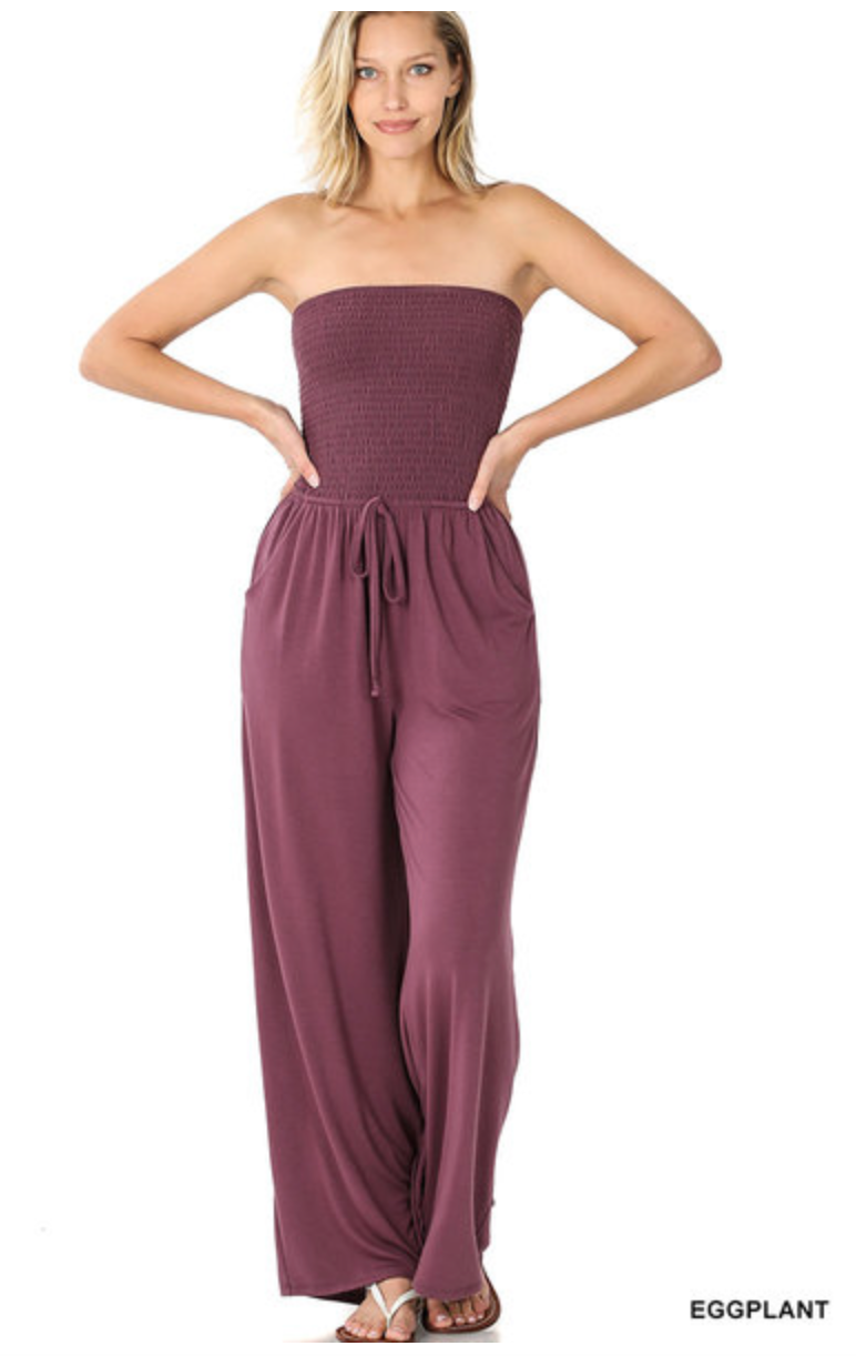 Smocked Jumpsuit, Eggplant