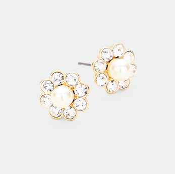 Flower Bling Earrings -Cream/Gold