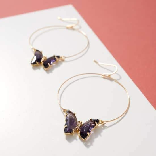 Butterfly Jeweled Hoops, Purple - FashionFunPop